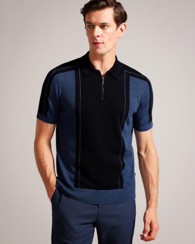 Polo Ted Baker Short Sleeve Wool Zip Bleu Marine Homme | GCT-54844231